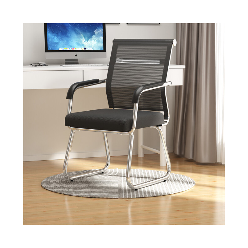 从野家具电脑椅子学生宿舍凳子座椅舒适久坐靠背椅会议室办公椅家用学习椅 黑色网布弓架椅【十年质保】 钢制脚 固定扶手