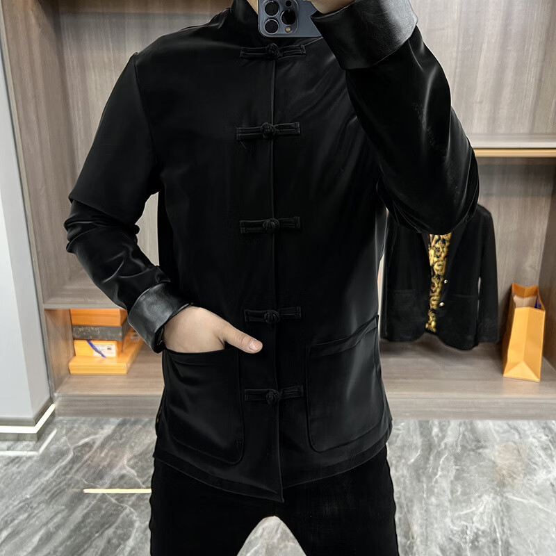 加肥加大码男士轻奢休闲时尚秋季新款舒适宽松长袖上衣外套唐装 黑色