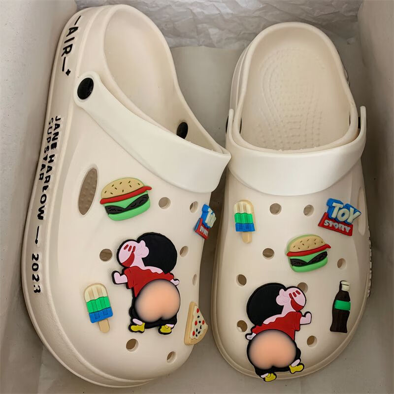 男士洞洞鞋夏季卡通可爱透气软底2024新款男士凉拖鞋厚底沙滩拖鞋 2301米白-LB 42-43【偏小一码】