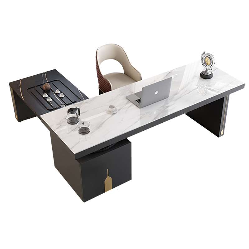 【新品】美得乐 岩板书桌轻奢办公桌茶台一体式多功能书房写字台可旋转移动茶车为茶桌家用茶台茶桌椅组合 2.0米亮光岩板书桌 轻奢