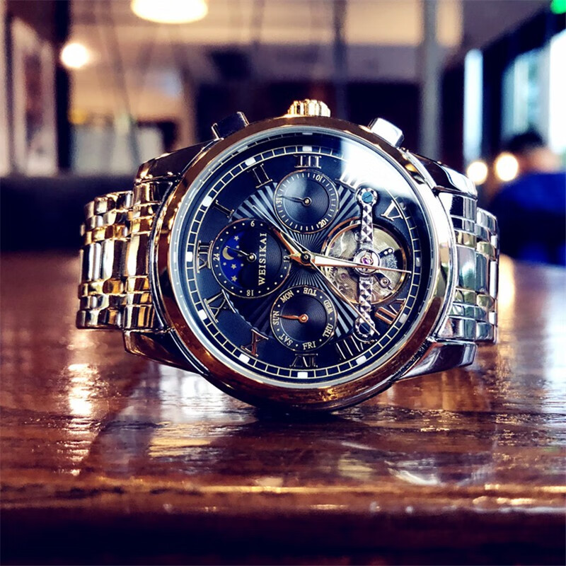 威斯凯(wsk)镂空飞轮全自动机械手表男士夜光防水多功能时尚潮流男神