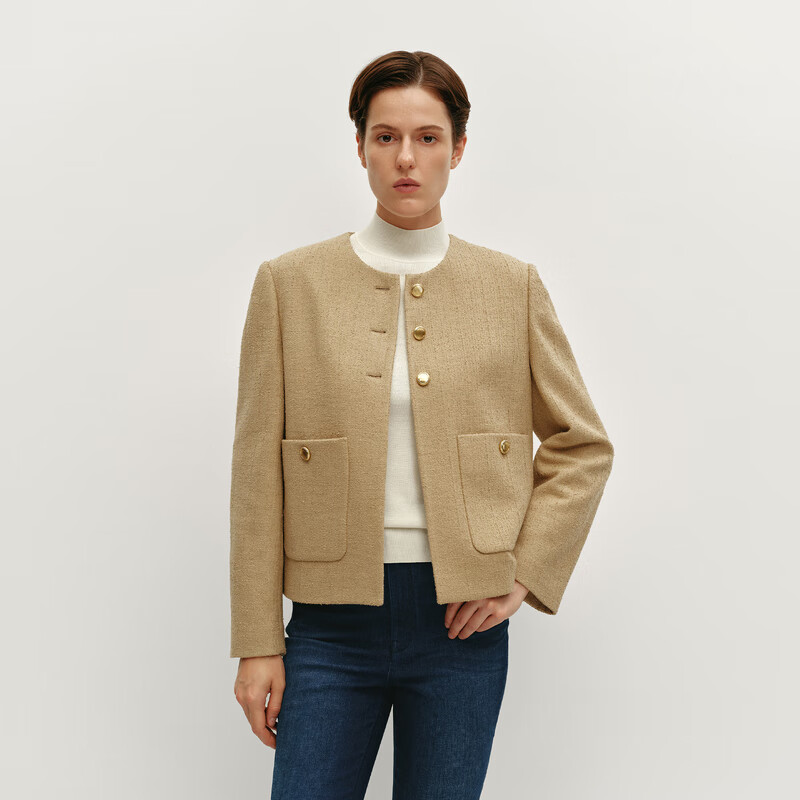 OVV【粗花呢夹克】2024秋冬新款女装金属丝羊毛混纺夹克外套 卡其色 XS