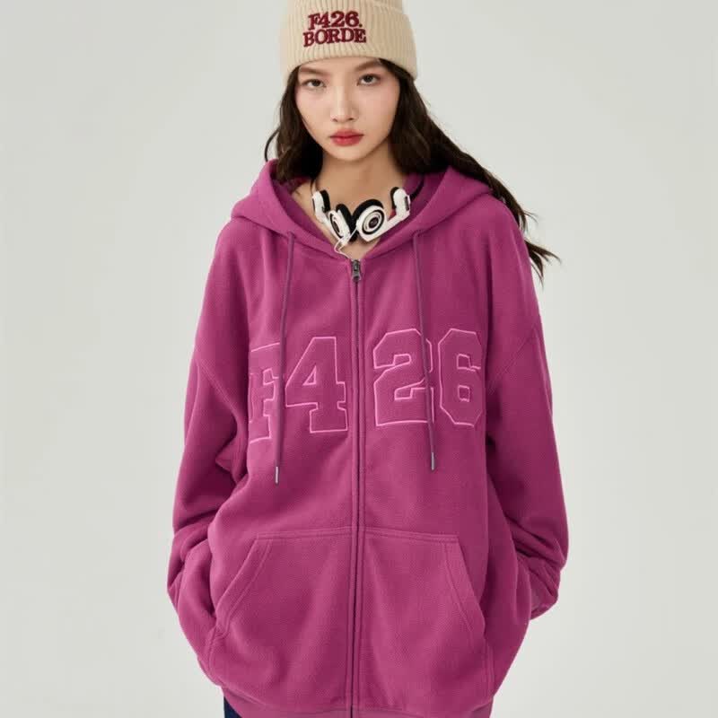 蔷樱f426店4509国潮休闲风男女穿搭大logo同色贴布摇粒绒外套 树莓色