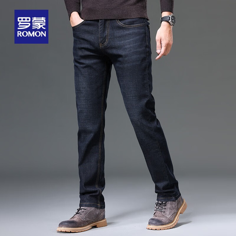 罗蒙商务牛仔裤男秋冬款男士休闲裤弹力厚款直筒裤百搭保暖长裤男 S1K34208H黑色 34