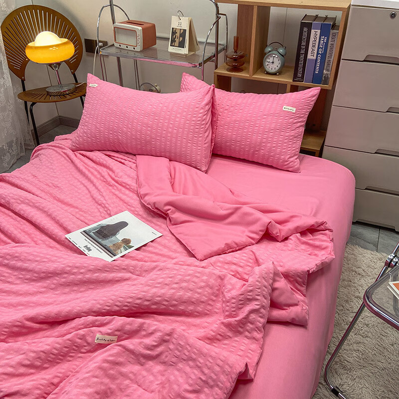 风泡泡纱夏凉被四件套水洗棉裸睡学生宿舍夏被空调被 泡泡夏被-千禧粉