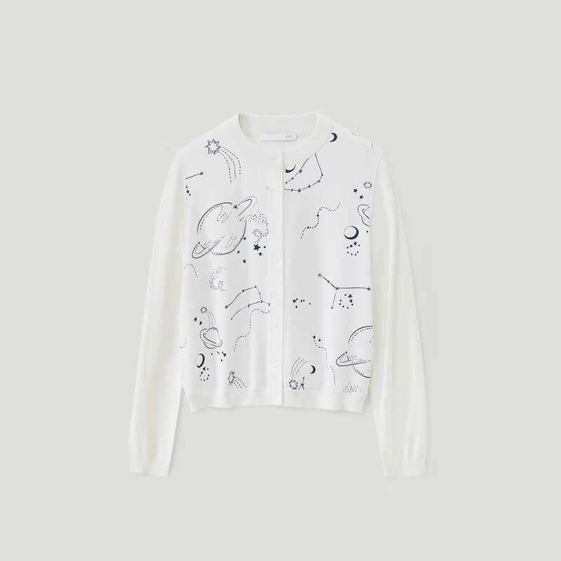 OVVOVV【星辰印花系列】春夏热卖女装圆领长袖针织开衫外套 象牙白花纹09 S