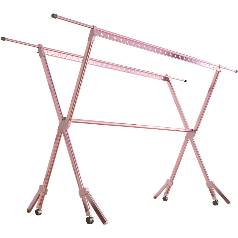 创硕 晾衣架落地铝合金衣架折叠室内外家用阳台晒衣架滚轮移动X型凉被子神器 7代玫瑰金小号-滚轮防风脚