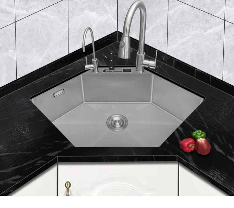 仁聚益转角水槽转角洗菜盆手工盆双槽厨房洗手盆双槽sus304不锈钢手工