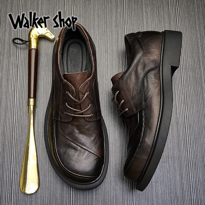 Walker Shop奥卡索 商务休闲鞋男2022舒适潮流牛皮小皮鞋男抓纹耐磨透气男鞋 咖啡色 39
