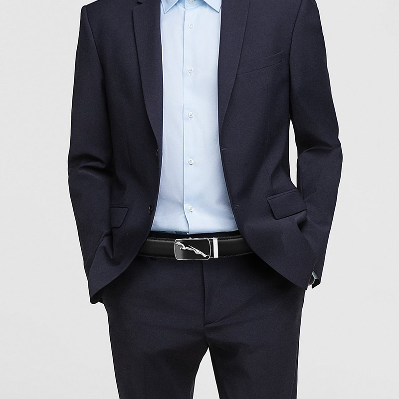 POACY男士皮带 豹子真牛皮腰带男 时尚商务情人节 情人节裤带男款 百搭 P807银色 115cm 【33-35裤码】