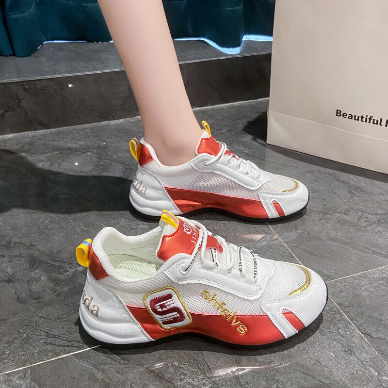 骁尚（XIAOSHANG）2023新款曳步舞鞋软底网面透气广场舞鞋舒适运动鞋男女款跳舞鞋子 白红 35