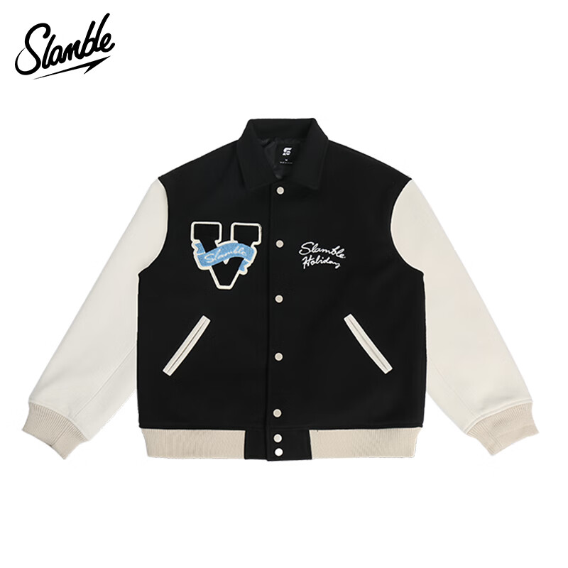 SLAMBLE秋季新款美式拼色复古外套男女情侣款宽松潮牌棒球服夹克 米灰 L
