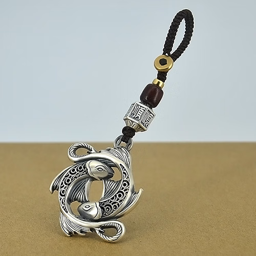 钥匙扣高档汽车挂件男士足银锦鲤挂饰个性创意礼物女 银双鱼钥匙扣