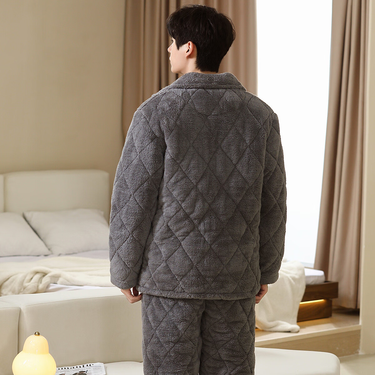 香蜜闺秀【三层夹棉加厚】男士睡衣秋冬新款长袖可外穿保暖男士家居服套装 W3424013深灰 XL