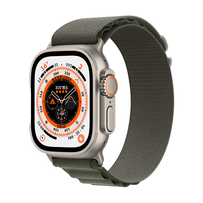 Apple 苹果 Watch Ultra 智能手表 49mm GPS+蜂窝网络款 钛金属原色表壳 绿色高山回环式表带 大号（GPS、血氧、ECG）