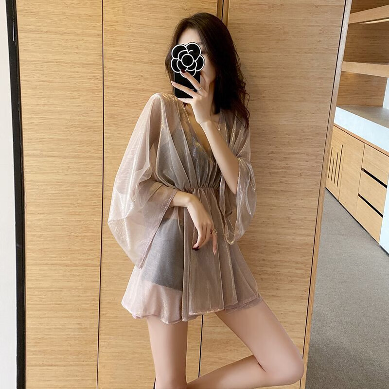 鉑吶苓泳衣女三件套罩衫比基尼性感聚攏保守遮肚顯瘦仙女游泳溫泉款 三件套泳衣【咖】（80-120斤）