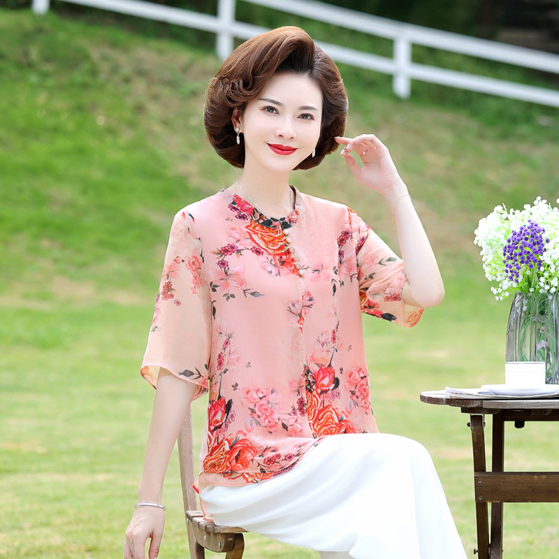 半截袖女妈妈装女士中年人衣服夏装短袖t恤新款40岁50夏季上衣中老年