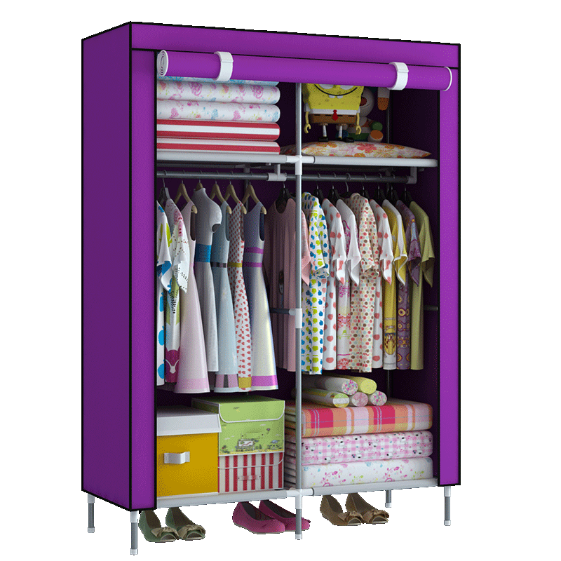 索尔诺 简易衣柜加粗钢管布衣柜无纺布衣橱大号衣橱加固钢架加固防潮布衣柜宿舍卧室寝室挂衣柜 8503紫色-13管【宽90cm高168cm】