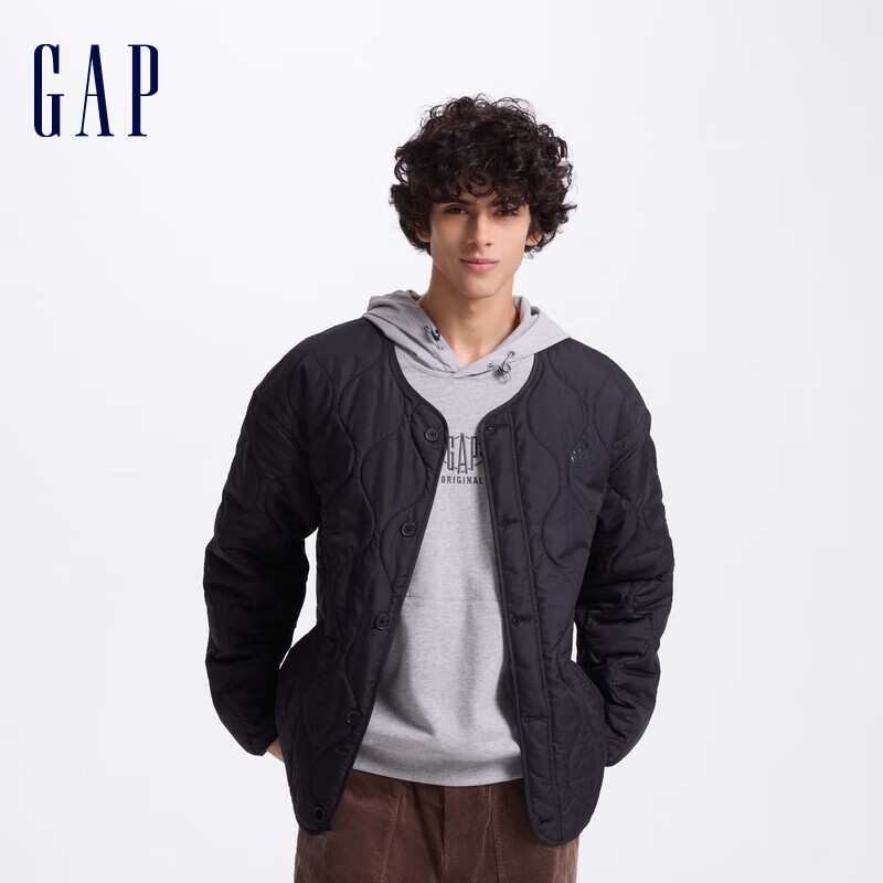 GAP男装印花logo波浪绗线外套轻薄简约风棉服619672 黑色 L (175/96A) 亚洲尺码 【偏大，建议拍小一码】