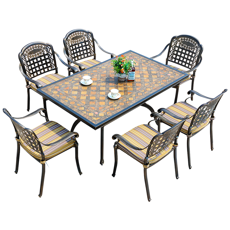 嘉勒美户外桌椅五件套铸铝桌椅庭院花园室外阳台休闲铁艺桌椅组合 6张正格椅+圆瓷砖桌