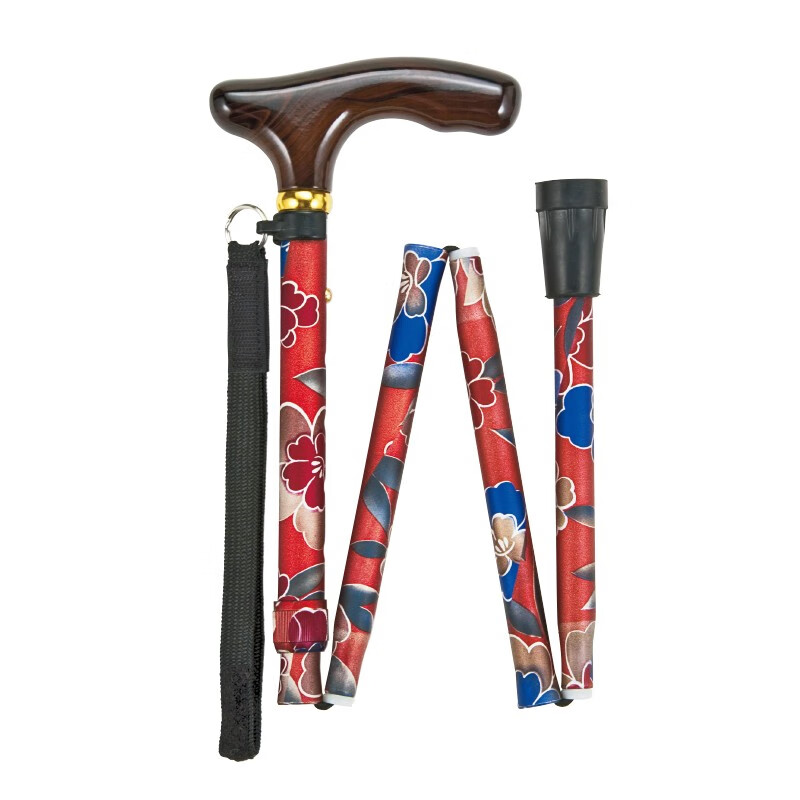 一期一会（ichigo ichie）日本品牌实木柄折叠轻便铝合金老人拐杖手杖防滑助行器FS-70 深红花