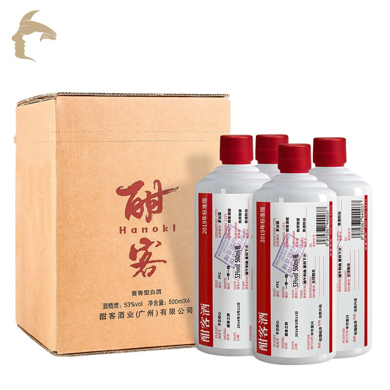 酣客 2019年标准版 酱香型白酒 大曲坤沙白酒礼盒 53度 500ml 4瓶