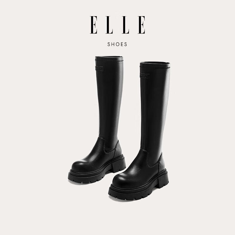 ELLE长筒靴女高筒不过膝长靴新款女靴冬款加绒高跟骑士靴子 黑色 37 (235mm) 标准码