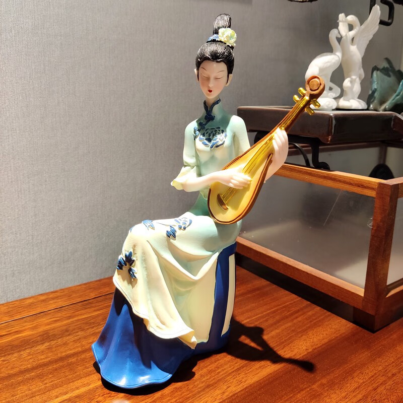 摆件中式国潮古典仕女高档家居客厅玄关酒柜轻奢装饰品 青绿琵琶仕女