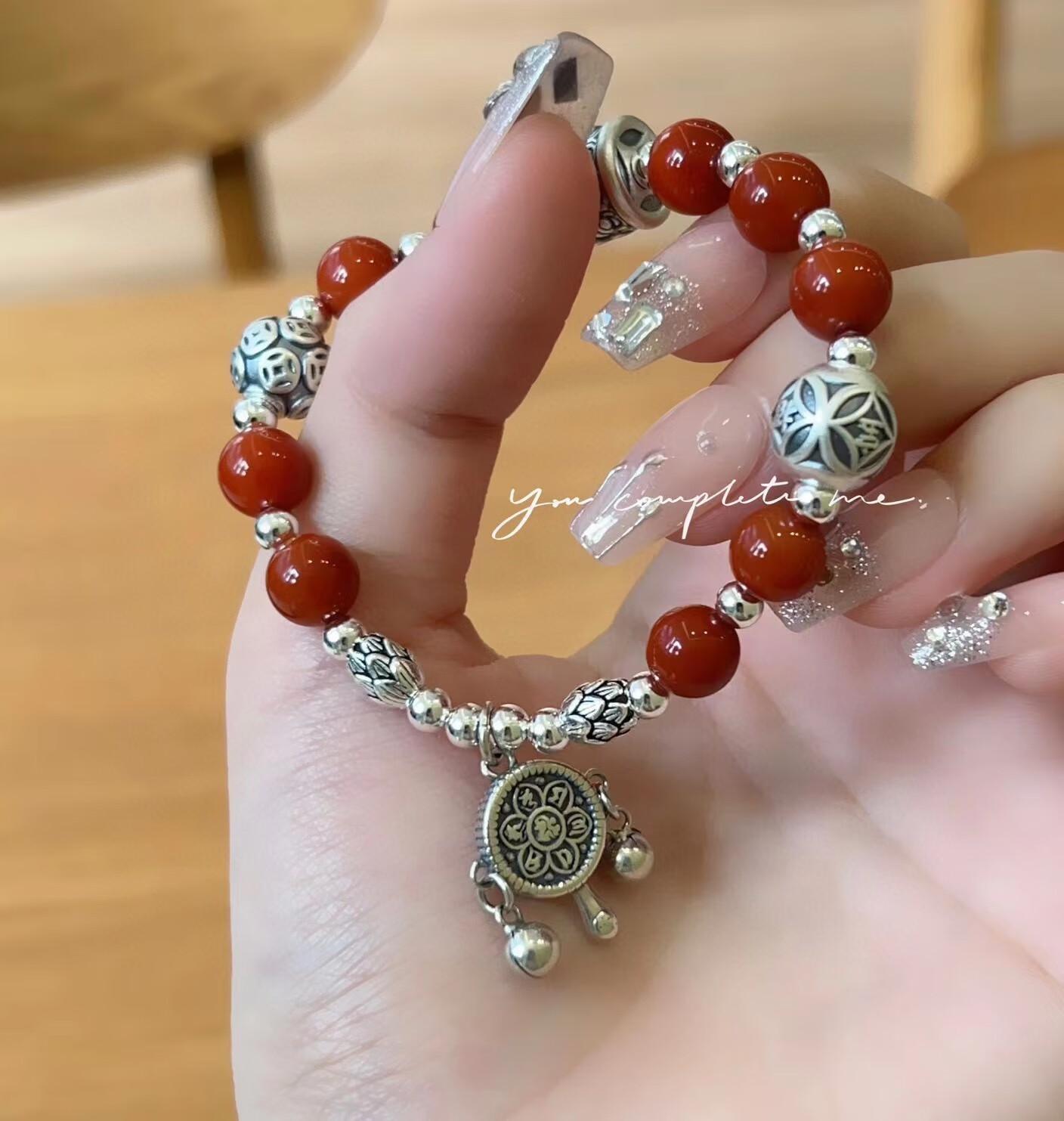 港正生新款纯银diy复古风钱币珠六字真言路路通降魔杵南红手串银珠