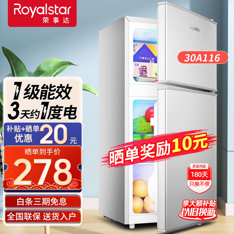 荣事达（Royalstar）【送货上门】迷你冰箱小 租房用小型双门电冰箱家用宿舍冷冻冷藏节能 30A116【一级能效，三天约一度电】银