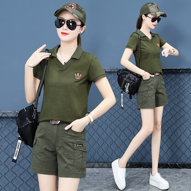 陆军武迷彩套装女夏装翻领短袖t恤大码多口袋短裤修身户外迷彩两件套