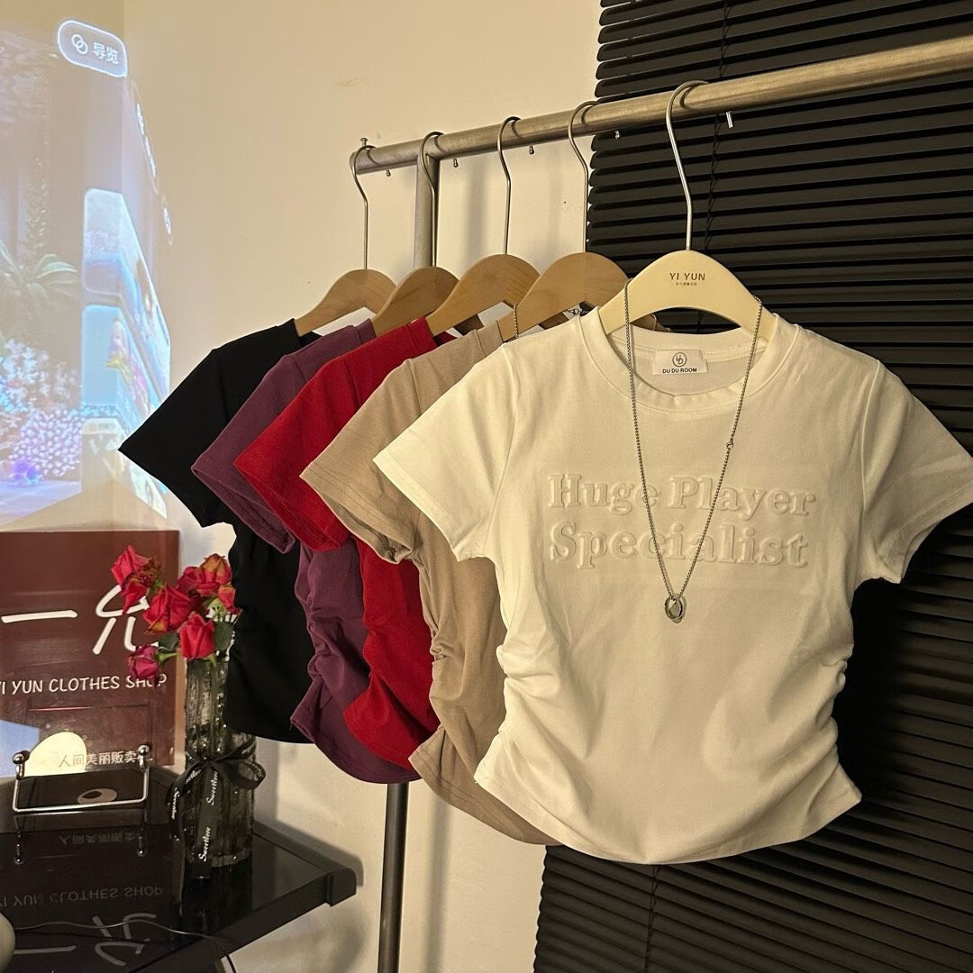 短袖女t恤衫纯欲风立体字母正肩t恤女夏韩版高 黑色-工艺立体字母 s