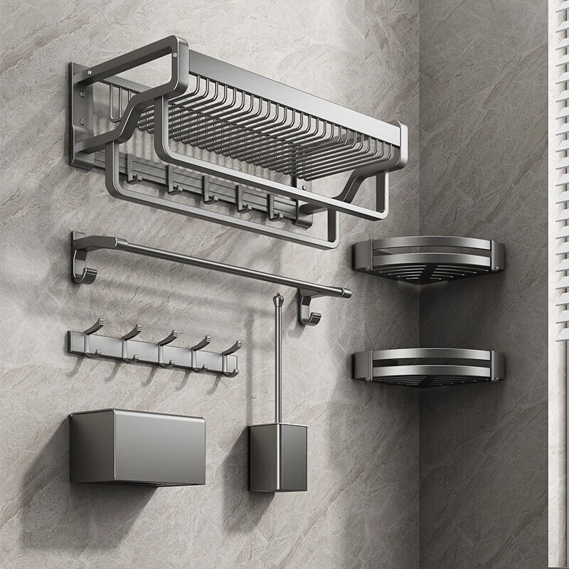 浴室置物架卫生间毛巾架免打孔厕所洗澡间浴巾架太空铝五金挂件套装