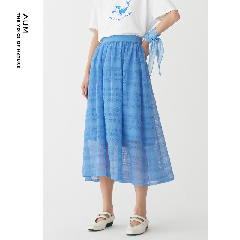 噢姆(aum)22年夏季新款气质镂空中长裙星蓝色轻薄蕾丝半身中长裙 蓝色