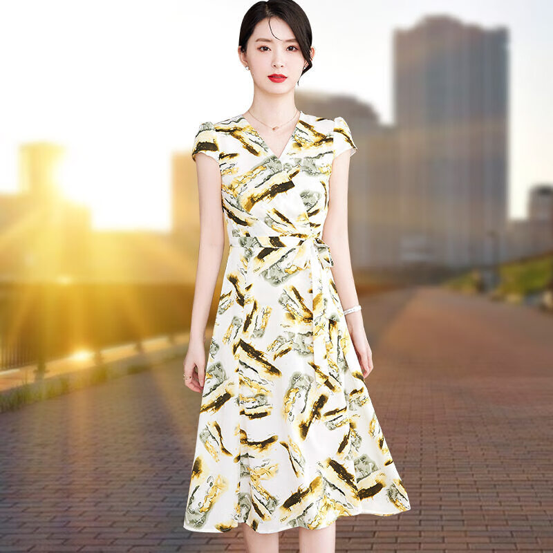 以纯 yishion官方旗舰店官网短袖雪纺连衣裙收腰显瘦2022新款春夏法式