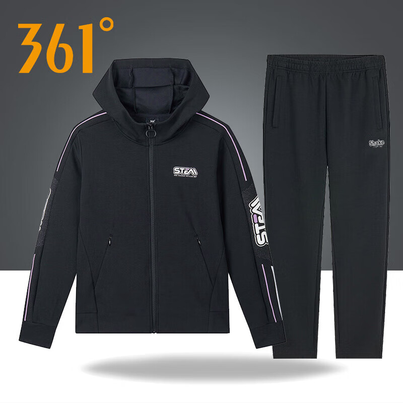 361°运动套装女2023春秋新款休闲跑步服女连帽卫衣外套直筒长裤两件套 黑色 L/170