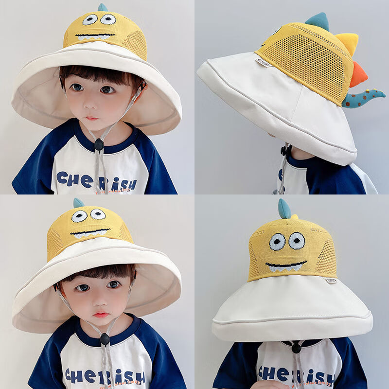 帽檐网帽透气男童帽子防晒帽女太阳帽渔夫帽 米檐-三角尾巴大檐渔夫帽