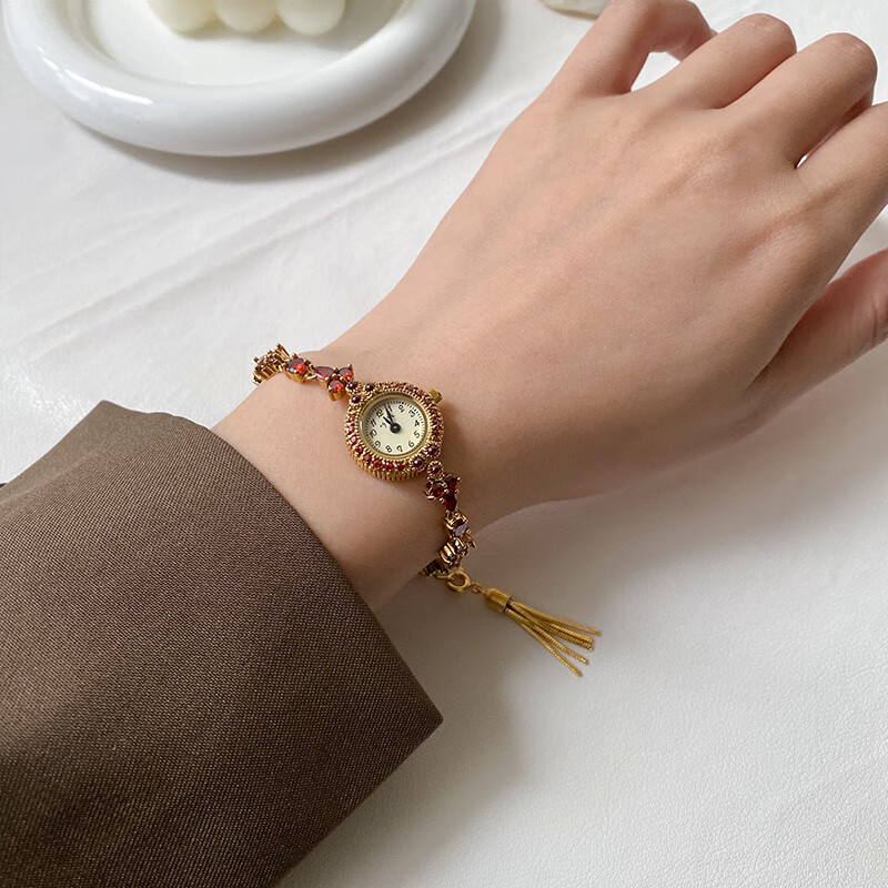 日系轻奢天然石榴石手链式minni盘流苏手表中古小众高级感女表 红石榴