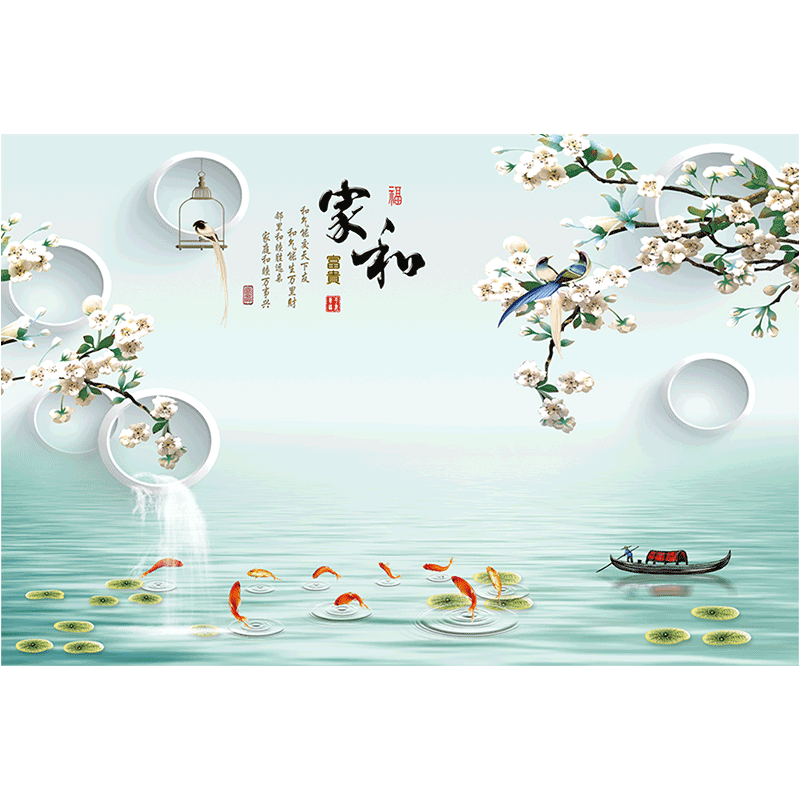 鸿赞 玉兰几何九鱼壁画客厅电视背景墙荷花欧式田园壁布影视墙16D凹凸定制墙布淡蓝色布画喜鹊 3D平面丝娟布/平方米  高宽定制