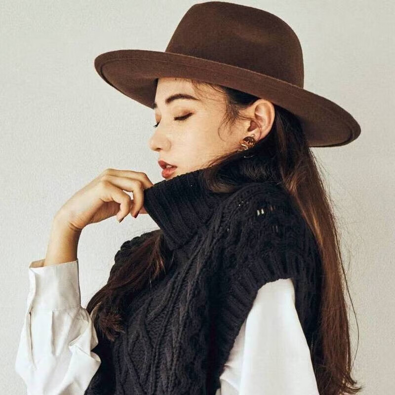 60CM大头围礼帽秋冬季欧美复古爵士帽男女潮毛呢帽子 Fedora Hat 咖啡色 M（56-58cm）