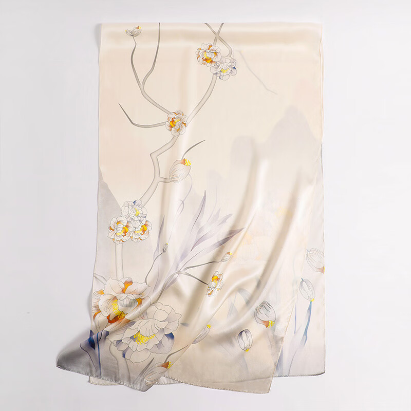 杭丝府真丝桑蚕丝丝巾围巾披肩气质外搭教师节礼物送长辈妈妈生日女奶油