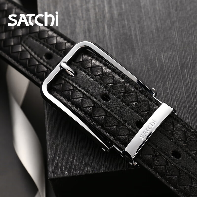 satchi沙驰皮带时尚个性编织真皮腰带简约百搭针扣青年裤带韩版 黑色