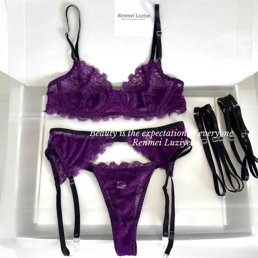 蕾丝聚拢紫内衣套装吊带袜丁字裤套装 深紫色[文胸 吊袜带 内裤]3件 s
