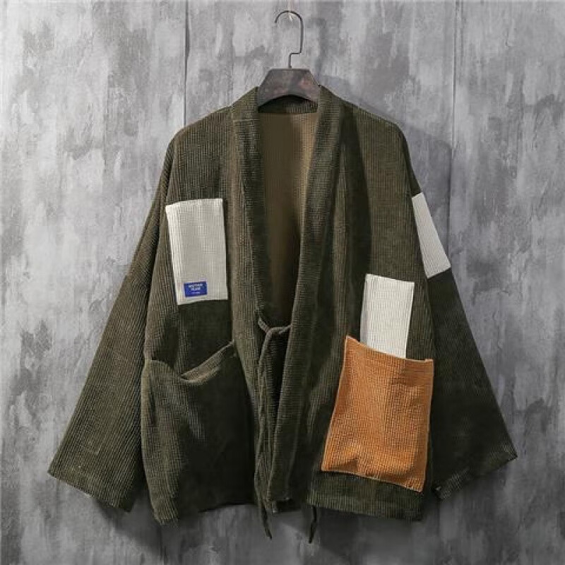 乔骏晟日式补丁灯芯绒七分袖男宽松和风羽织改良情侣装外套 海茶绿 m
