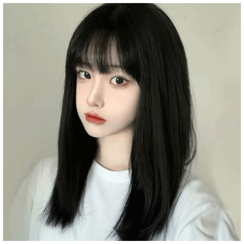 假发女中长发网红漫画刘海长直发头套自然空气刘海锁骨发套 自然黑 发