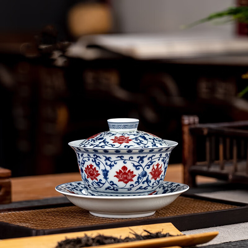 厚古薄今景德镇青花缠枝莲三才盖碗可悬停防烫泡茶碗家用陶瓷功夫茶具