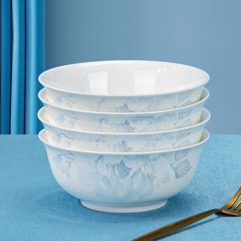 红牡丹景德镇家用碗碟套装新中式陶瓷碗盘组合吃饭骨瓷米饭碗金边碗筷 月光牡丹6英寸面碗4个
