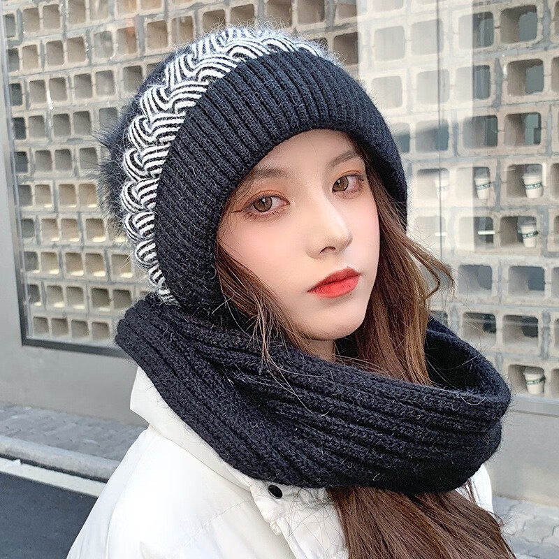 吉米叶子新款冬季连体针织帽女保暖帽加绒加厚风雪帽子围巾一体护耳