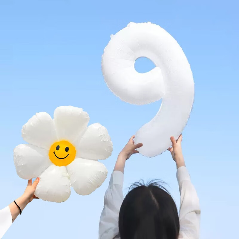 野餐春游拍照道具场景布置气球周岁派对儿童宝宝 小花笑脸白色数字9