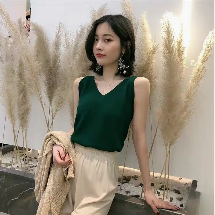 怡曼芙吊带背心女外穿夏季无袖针织衫韩版凉感V领短款冰丝打底衫上衣潮 墨绿 均码 -建议85-130斤
